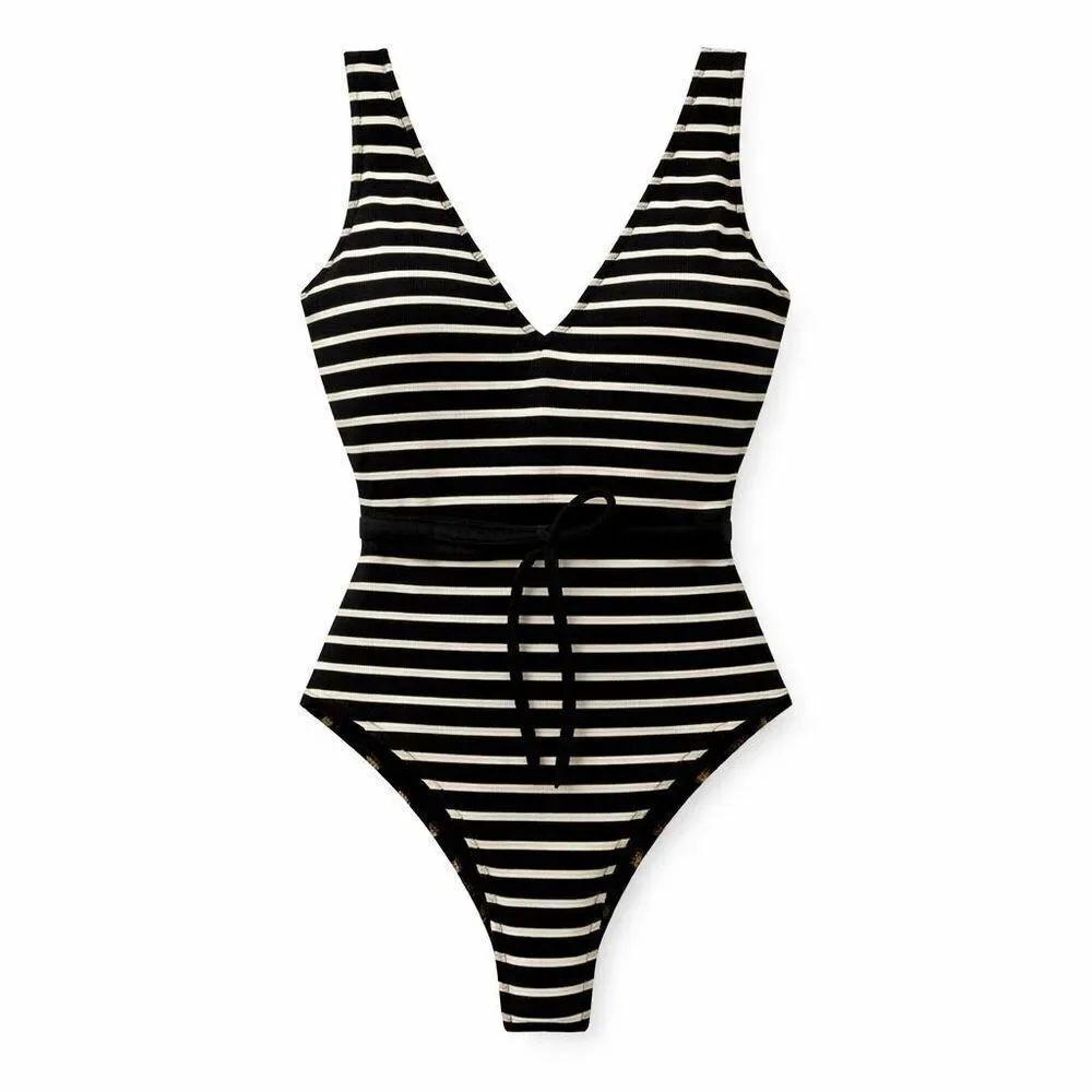 Body Glove Belted One Piece Swimsuit Striped Textured X-Small, High Hip NWT